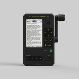 The Survival Codex hand-cranked offline knowledge device, screen on, showing a topographic map
