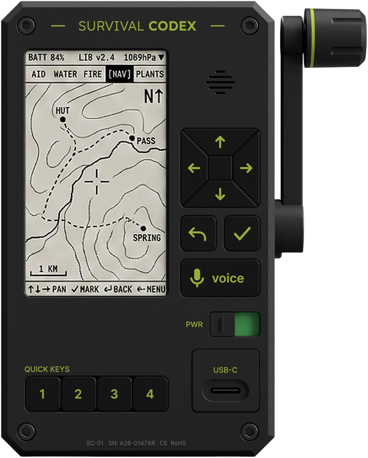 The Survival Codex device — screen on, answering a first-aid search