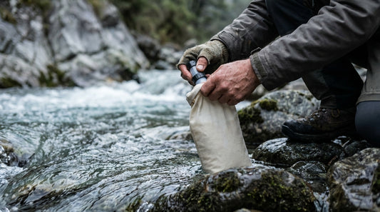 Hands filling a water filter bag from a rocky mountain stream in overcast light