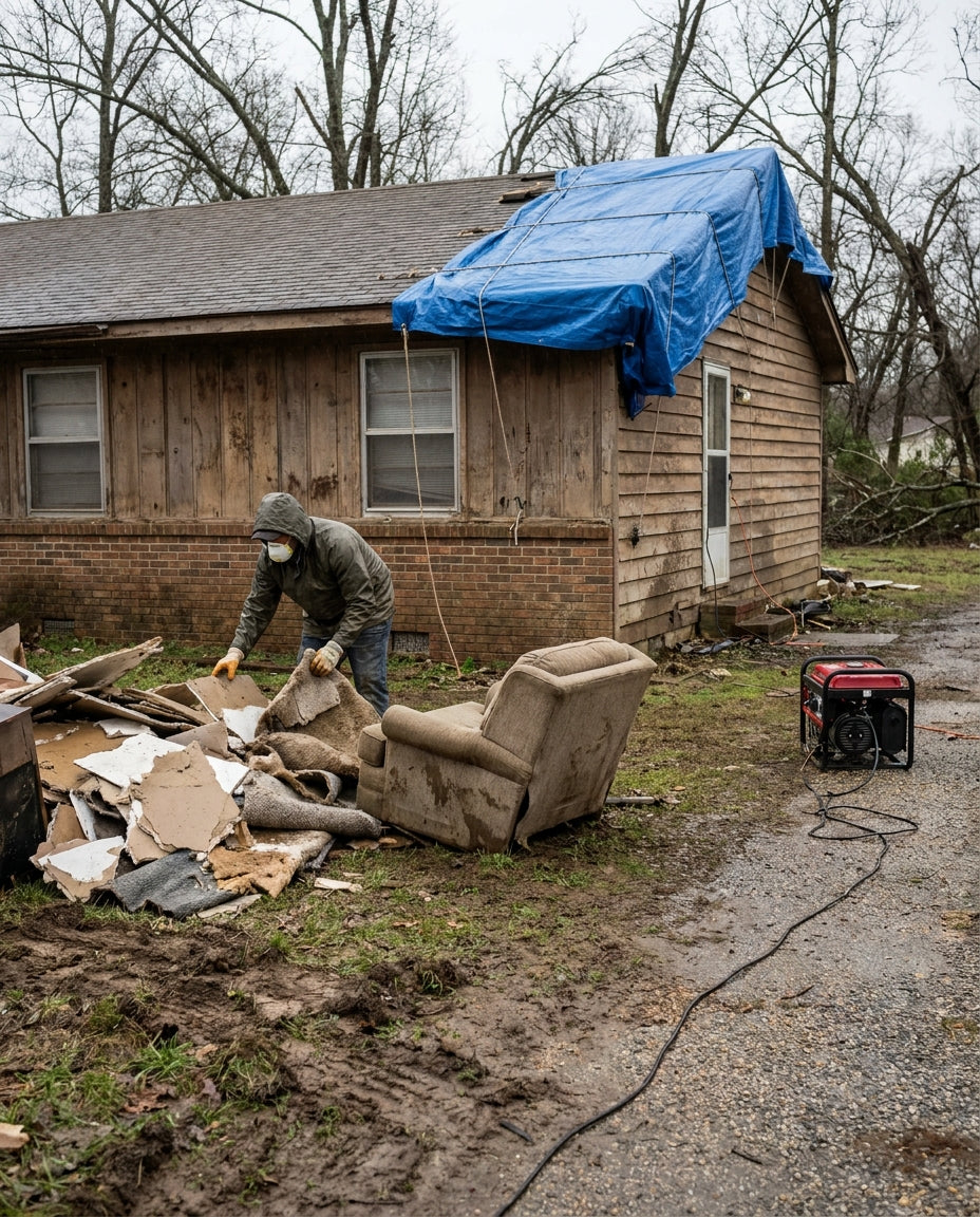 A person in an N95 respirator sorting waterlogged debris outside a storm-damaged house with a tarped roof and a generator running on the driveway, weeks into disaster recovery