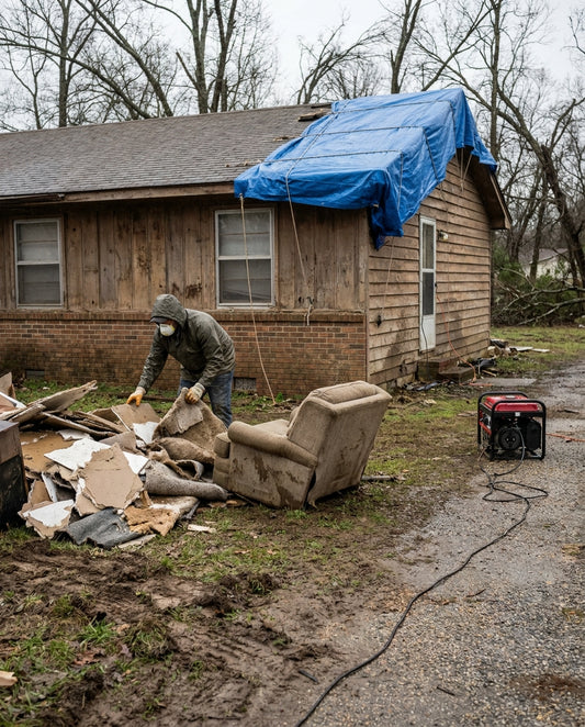 A person in an N95 respirator sorting waterlogged debris outside a storm-damaged house with a tarped roof and a generator running on the driveway, weeks into disaster recovery