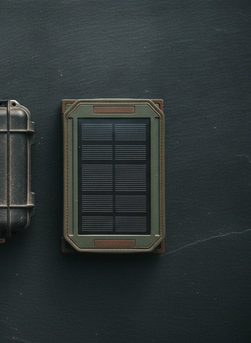 Folding solar charging panel on dark slate (placeholder)
