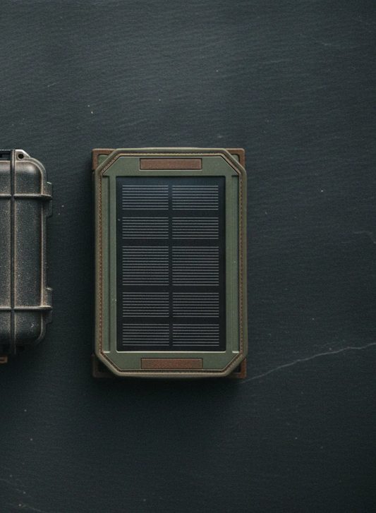Folding solar charging panel on dark slate (placeholder)