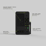 Survival Codex features labelled: hand crank, voice search, four quick keys and the sunlight-readable e-ink display