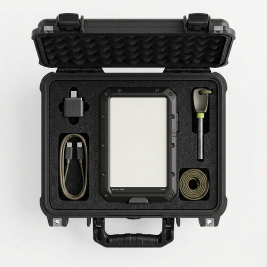 Survival Codex SC-01 and its USB-C cable seated in the open heavy-duty carry case