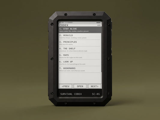 Survival Codex SC-01 standing on an olive backdrop, the library index on its 4.26 inch e-ink screen