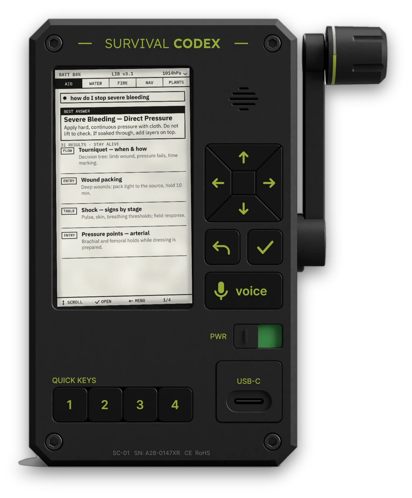 The Survival Codex device — screen on, answering a first-aid search