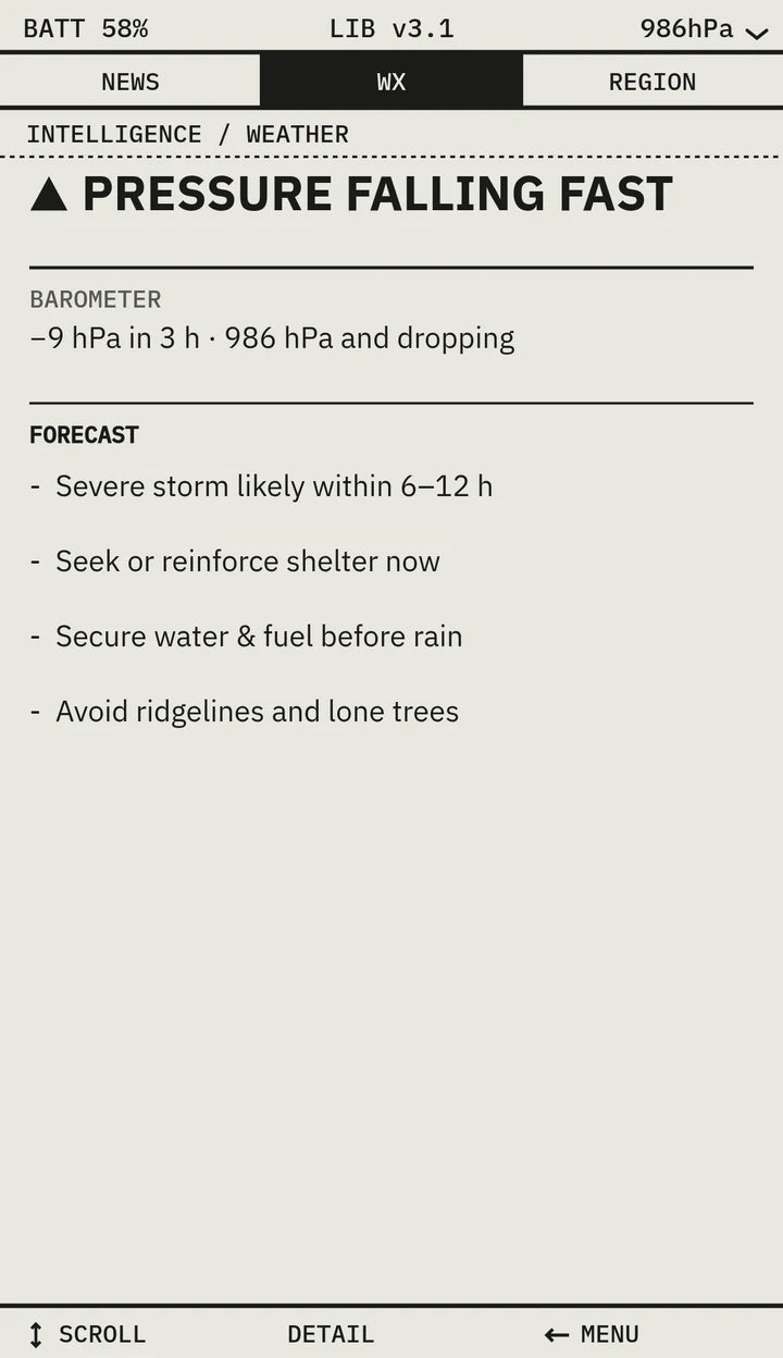 Survival Codex screen — WEATHER